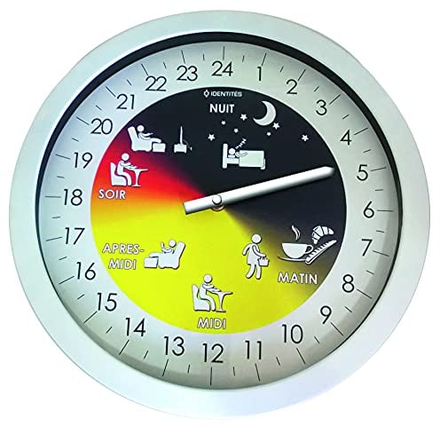 Identités Alzheimer Wanduhr für Wohnzimmer, Mobilitätshilfe, Senior, 24-Stunden-Uhr, präzise Anzeige der verschiedenen Tageszeiten, leise