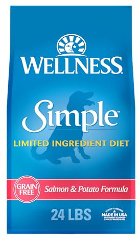 Wellness Simple Limited Ingredient Adult Dry Dog Food, Grain Free Kibble, Sensitive Stomach, Skin & Coat Support, Natural, Chicken Free, Salmon and Potato Recipe, 24 lb Bag