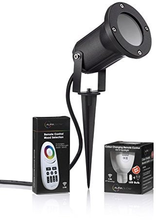 Auraglow Vertiefte IP54 GU10 LED Draussen Gartenlampe mit Erdspieß, 2.4 GHz RF Funk-Fernbedienung vollständig dimmbar und Farbänderung - 40w EQV