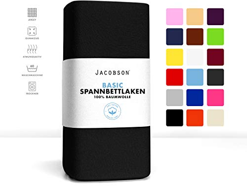 Jacobson Jersey Spannbettlaken Spannbetttuch Baumwolle Bettlaken (180x200-200x220 cm, Schwarz)