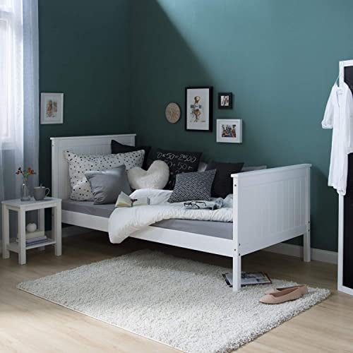 Homestyle4u Holzbett 90x200 mit Lattenrost Kopfteil Weiß Tagesbett Gästebett Einzelbett Massivholzbett Bettgestell Holz Kiefer