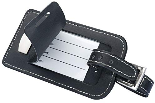 Schwarzer Kofferanhänger aus Bonded Leder (Lederfaserstoff) mit Metallplättchen - verdecktem Adressfeld und Ziernaht