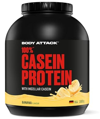 Body Attack 100% CASEIN PROTEIN - Banana Cream, 1,8 kg Dose - Hochwertiges Protein Pulver für Muskelaufbau Training -langanhaltende Eiweiß Versorgung -ideale Ergänzung zu Whey Protein