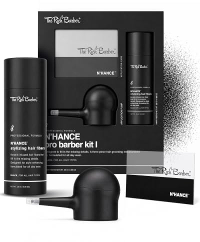 The Rich Barber N'Hance Pro Barber Kit I - Professional 3-in-1 Hair & Beard Styling Set - Keratin-Infused Hair Building Fibers, Applicator Pump, Application Card - Hairline Enhancer & Volumizing Spray