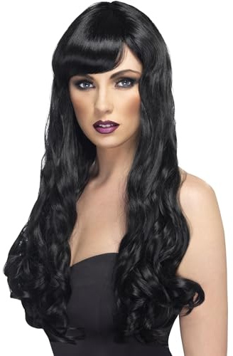 Smiffys Desire Wig, Black Long, Curly with Fringe, Ladies Glamour Wigs Fancy Dress, Adult Dress Up Wigs Halloween
