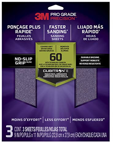 3M Pro Grade Precision Hojas de lijado, grano 60 grueso, 26060TRI-3, 22.8 cm x 27.9 cm, 3/paquete