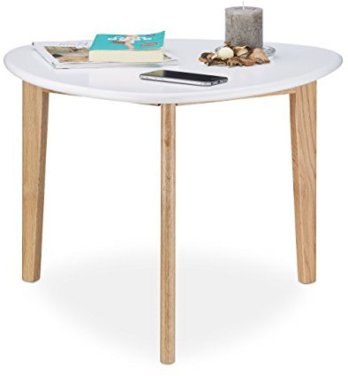 Relaxdays Couchtisch, Nierentisch, Tischbeine aus Eichen-Holz, weiße Tischplatte, modernes Retro-Design, 50er Jahre, weiß / natur