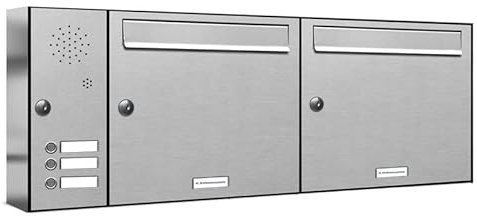 AL Briefkastensysteme 2er Briefkastenanlage Edelstahl mit Klingel, Premium Doppel-Briefkasten DIN A4, 2 Fach Postkasten modern Aufputz