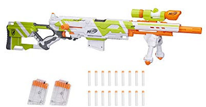 NERF Longstrike Modulus Spielzeugblaster mit Laufverlängerung, Zweibein, Zielfernrohr, 18 Elite-Darts & 3 Six-Clips (Amazon Exclusive)