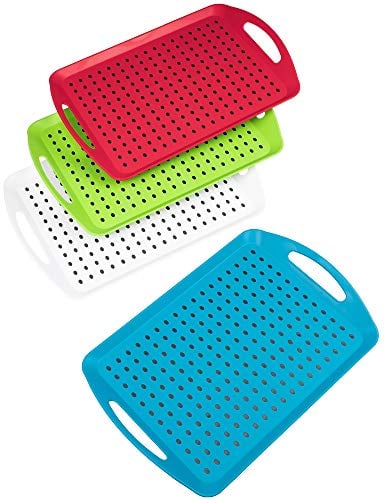 Invero Set of 4 Anti-Slip Top and Bottom Plastic Serving Dish Tray with Grip Rubber Surface, Non-Slip Padded Base and Handles ideal for Kitchens and Homes - (46 x 31cm)
