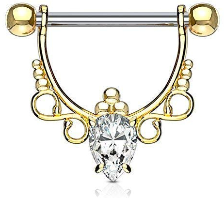 Tapsi´s Coolbodyart Nippelpiercing Chirurgenstahl Damen & Herren [Tropfen Zirkonia Ornament] 14mm | Brustwarzenpiercing | Nipple Piercing | Brustpiercing Frau | Nippelschmuck | CBAK19116_GDC