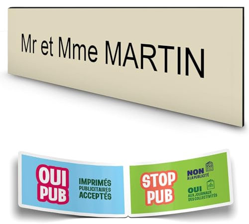 DECOHO - Plaque Boite aux Lettres personnalisée adhésive 100x25mm - PMMA Beige Lettres Noires - 1 Ligne Gravure Laser + Stickers Stop Pub - Beige