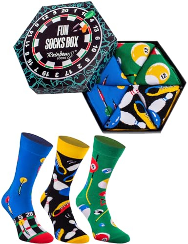 Rainbow Socks - Damen Herren Fun Socks Box Geschenk - 3 Paar - Billard Bowling Dart - Größen 47-50