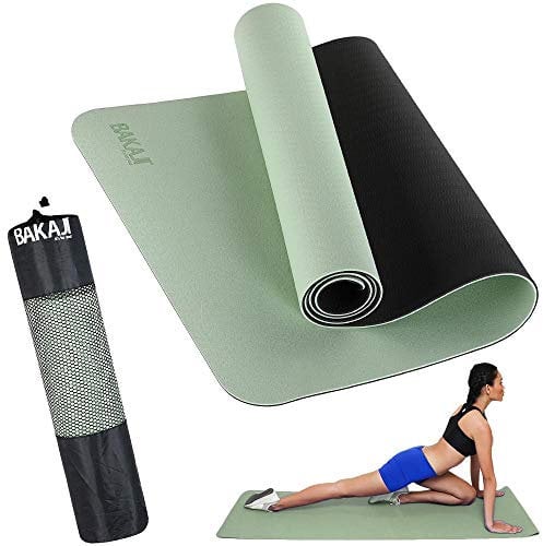 BAKAJI Tappetino Yoga in TPE Ecologioco Doppio Strato Antiscivolo Alta Densità Materassino Tappeto Allenamento Fitness Aerobica Palestra Ginnastica Dimensione 180 x 61 cm con Custodia (Verde/Nero)