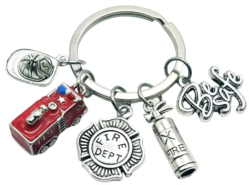 Kit's Kiss Feuerwehrmann-Schlüsselanhänger, Feuerwehrmann-Schlüsselanhänger, Feuerwehrhelm, Feuerwehrauto, Aufschrift Be Safe Firefighter, Mutter, Ehefrau, GF Geschenk, Silber und Rot, Diameter of