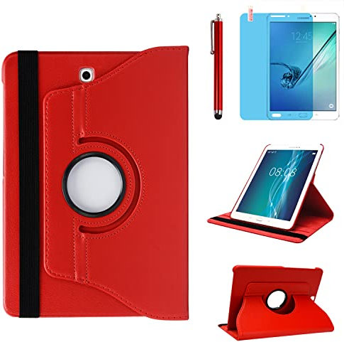 Étui Housse Coque pour Samsung Galaxy Tab S2 8.0 Pouces 2015 (SM-T710 SM-T713 SM-T715 T719) - 360 degrés Rotation Full Protection Kickstand Case Cover,avec Un Stylo,Écran Film (Red)