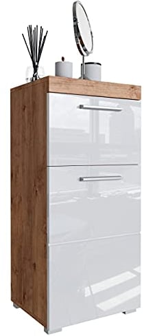 Newroom Kommode Badezimmer Schrank Wildeiche Weiß Hochglanz mit viel Stauraum - 37x79x31 cm (BxHxT) - Badezimmerschrank Badkommode Badezimmermöbel - [Trinity.Ten]