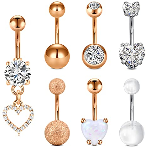 D.Bella 7er Bauchnabelpiercing mit Anhänger 10mm Set Chirurgenstahl Silber Rosegold Piercing Bauchnabel Zirkonia Banane Piercing Schmuck