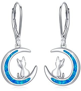 Katze Ohrringe Damen Sterling Silber 925 Opal Ohrstecker Hängende Kleine Creolen Mädchen Katze Ohrhänger Tier Schmuck Muttertags Geschenke Valentinstag für Frauen Kinder