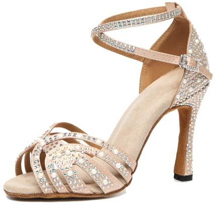 MINITOO Women's Ballroom Dance Shoes Glitter Rhinestones Salsa Latin Dancing Heels L506 Nude UK 7