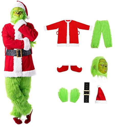 Adult Costume Set 7PCS, Halloween Christmas Costume for Men Women Deluxe Furry Adult Santa Suit Outfit