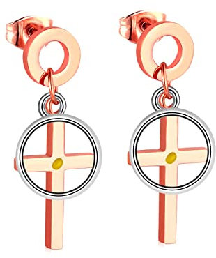 Womens Rose Gold Plated Cross Dangle Earrings, Stainless Steel, Stud Cross Earrings with Mustard Seed ZY005-rose gold
