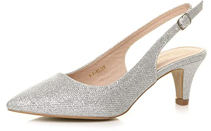 AJVANI Womens Ladies Low mid Heel 50s Slingback Buckle Pointed Court Shoes Size
