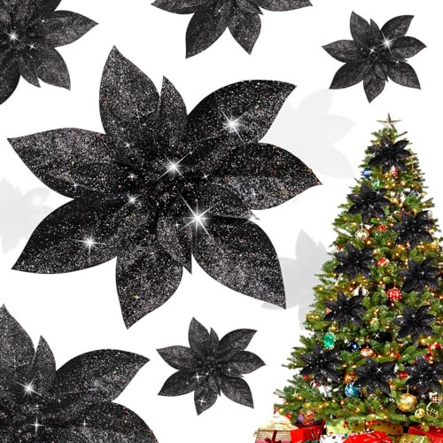 Shining She 10pcs 15CM/5.9inch Christmas Glitter Artificial Poinsettia Flowers, Large Artificial Christmas Flowers for Xmas Party Decoration, Xmas Tree Ornaments Decor, Black