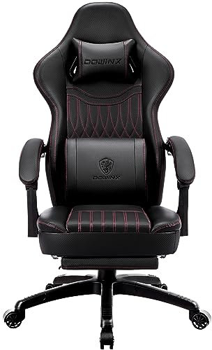 Dowinx Gaming Chair with Spring Cushion,Racing Gamer Chair with Massage Lumbar Support, Ergonomic Gaming Armchair with Footrest Office Chair PU Leather Black