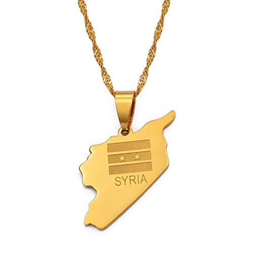 Stylish-Art Syria Map Pendant Necklaces,Syrians Map with Flag Pattern Amulet Necklace,Unisex Hip Hop Fashion Style Party, Gold,60Cm Kette