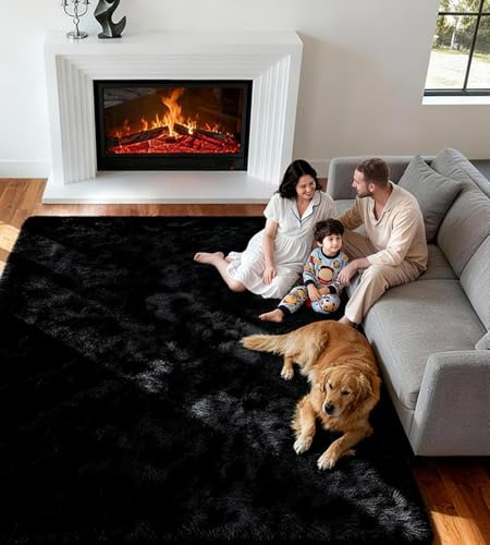 VOFUSHON Teppich Wohnzimmer 120 x 160 cm Schwarz | Hochflor, Waschbar, OEKO-TEX Zertifiziert, 35D Rückprallschaum, Schlafzimmer, Rutschfeste Unterseite, Flauschig