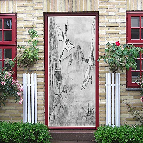 Türtapete Selbstklebend Grauer Kran Tuschemalerei 90 X 200 Cm Türtapete Selbstklebend Türfolie Türposter 3D Vinyl Folie Türdeko Tapete Wandbild Türtattoo - Kinderzimmer Wohnzimmer Küche Schlafzimmer