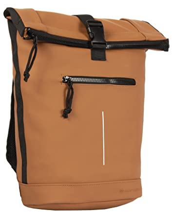 New Rebels Unisex Wasserabweisender Rolltop-Rucksack – 21l Rolltop-Backpack mit 15,6-Zoll-Laptopfach – Reiserucksack mit Klickverschluss – Rucksack mit Vordertasche – flexible Aufbewahrung - Cognac
