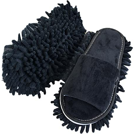Generic Women's Microfiber Dust Mop Slippers, Black, Size 6-10.5 (EU 35-44), Cleaning Tool, Quick Cleaning, Washable, All Seasons, Unisex Adult, Practical Homeowners, Gift Recipients, Slippers