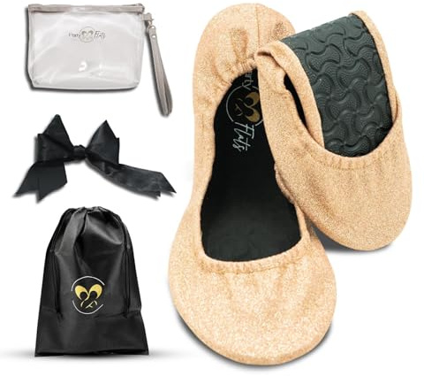 Party Flats Ballet Slippers for Women | Foldable Ballerina Shoes for Purse with Heels Bag and Hair Bow | Comfortable for Travel Concert, Stylish Evening Dress | Stretchy for Wide Width and Narrow Feet