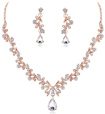 Loutade Braut Schmuckset für Damen, Glitzernde Kristall Hochzeit Schmucksets, Rose Gold Halskette Ohrhänger Set mit Strass, Braut Brautjungfer Schmucksets Brautschmuck für Frauen zur Verlobung Prom
