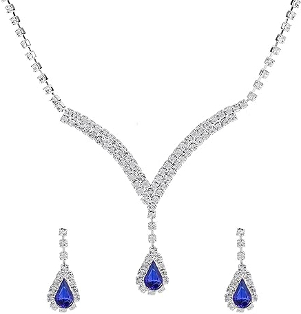 HSAJS Elegantes Schmuckset für Damen mit blauen Tropfenanhängern Halskette und Ohrringe funkelnde Zirkonia hochwertiges Modeschmuck-Set ideal für besondere Anlässe Brautschmuck 3-teiliges Set