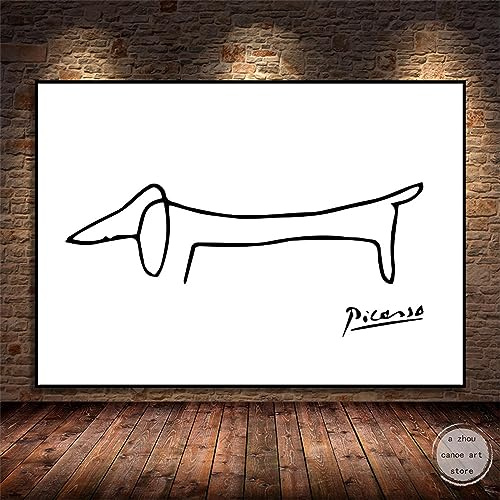 Picasso-Dackel-Hund, minimalistische Kunst, abstrakte Linie, Leinwandgemälde, schwarz gerahmt, Drucke, Bild für Wohnzimmer-Dekoration, 70 x 100 cm/28 x 39 Zoll, mit schwarzem Rahmen
