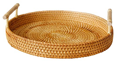 Plateau De Service Rond En Rotin Avec Poignées, Paniers De Pâtisseries En Osier Pour le Petit-déjeuner, les Boissons, les Collations, la Table Basse, la Décoration de la Maison(L)