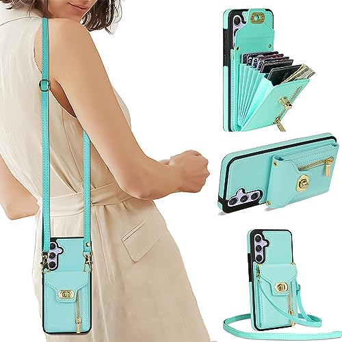 SEHEYA Handykette Hülle kompatibel mit Samsung Galaxy S23 Leder Handyhülle Schutzhülle mit Kordel Handytasche zum Umhängen Etui 2 in 1 Handy Cover Karten Börse Grün