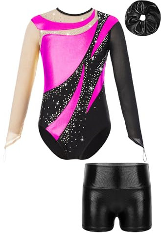 iiniim Kinder Mädchen Turnanzug Gymnastikanzug Trikotanzug Glänzend Gymnastik Leotard mit Shorts Haarband Wettbewerb Tanzkostüm Dunkel Rosa&Schwarz 158-164
