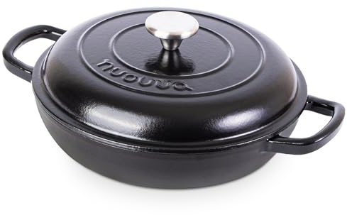 Shallow Cast Iron Casserole with Lid – Non Stick Dutch Oven Pot, Oven Safe up to 500° F – Sturdy Ovenproof Stockpot Cookware – Enamelled Cooking Pot – Black, 1.1-Quart, 26cm – by Nuovva