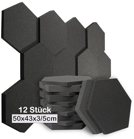 sunnypillow Hexagon Akustikschaumstoff Akustikschaum - 12 Stück - 50 x 43 x 3/5cm - Schallschutzmatte zur effektiven Akustik Dämmung - Absorber Schalldämmung Wand, Wanddekoration Gaming/Studio Deko