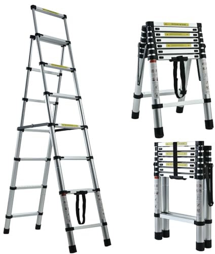 Banas Folding 6+7 Steps Aluminium A-frame Ladder Portable Household Multi-purpose Heavy Duty Telescopic Ladder, 2M+2.3M/6.6FT+7.5FT, Max Load 150kg/330lb; Easy Storage, Indoor & Outdoor Use, DX-2-2.3