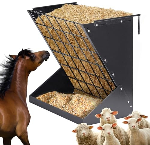 PAUQRWIE Heu- und Getreide-Futterspender 2 in 1 für Ziegen, Schafe, Pferde und Rinder - Wandhalterung, Metall, 25 Gallonen, Verstellbar, Hängend
