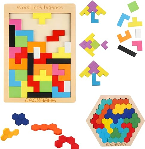 SHSHbuy Holzpuzzle Tetris Tangram,2 Stück Tangram Puzzle Jigsaw Geometrische Blöcke Holz Puzzle Box Gehirn Spiele für Kinder Frühe Pädagogische,Montessori Spielzeug ab 3 Jahre