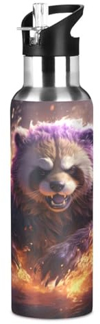 Wzzzsun Feu Gros Animal Panda Isotherme Bouteille d'eau avec Paille, Gourde Sport en Acier Inoxydable 600ML Gourdes sans BPA pour Enfant Garçon Fille École Bureau