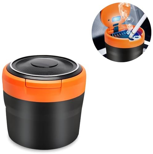 Aschenbecher Auto, Auto Aschenbecher mit Deckel, Tragbarer rauchfreien Aschenbecher mit LED Licht, Edelstahl Fahrzeug Zigarette Aschenbecher für Autos Van Outdoors Camping (Orange)