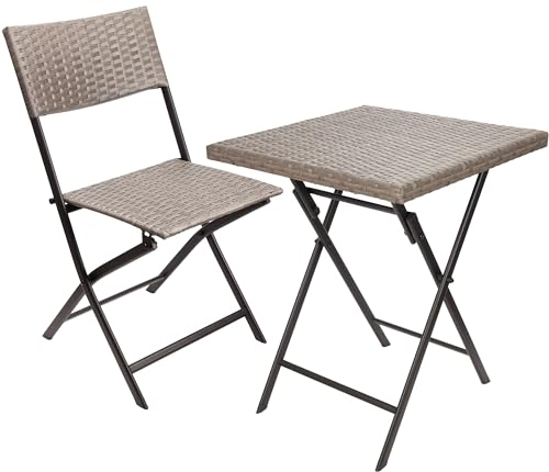 BRUBAKER Balkonset Toskana mit Tisch und 1 Stuhl - Wetterfest klappbar und platzsparend - Polyrattan Balkonmöbel Set - Sitzgruppe für Balkon Terrasse Garten - Bistroset Klappstuhl - Grau Braun