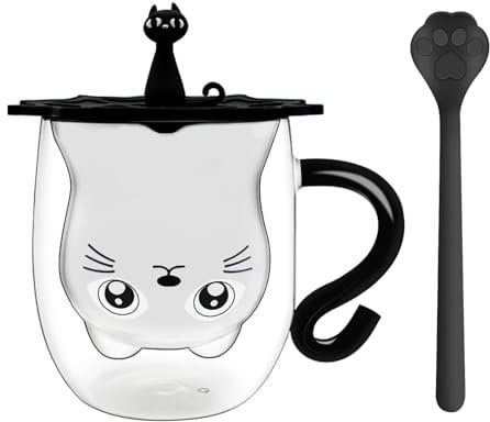 Afitdon Süße Katzenbecher Tasse Doppelwandige, Süße Katzenmotiven Tassen mit Segenskarte, Löffel & Becherdeckel, Geschenk für katzenliebhaber 280 ml für Cappuccino, Latte Macchiato, Tee, EIS und Milch